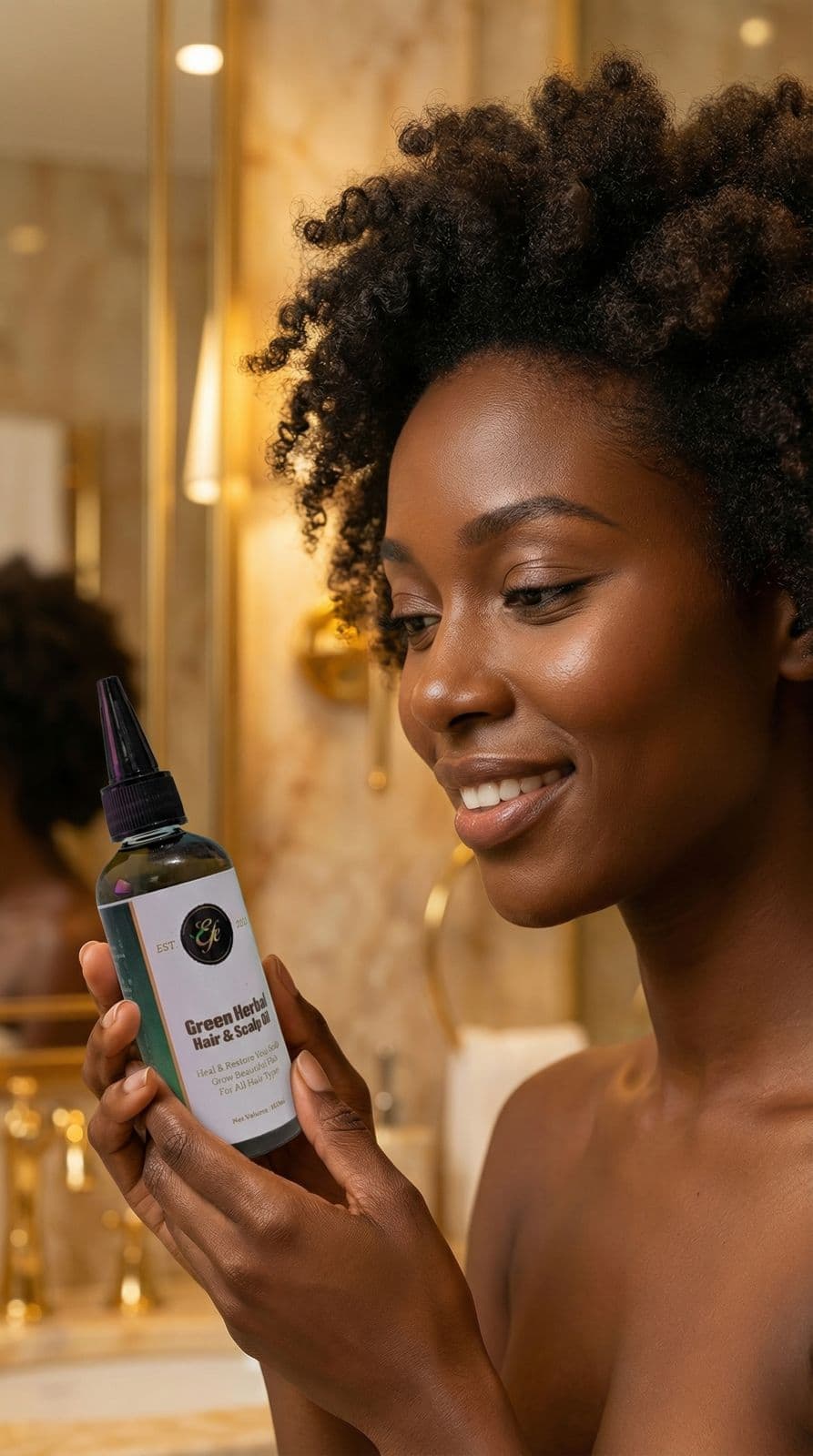 A woman holding a bottle of Efe Organics Green Herbal Hair and Scalp Oil
